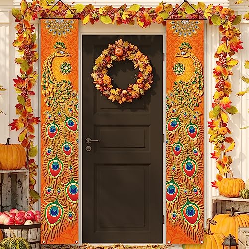 Rvsticty Happy Diwali Porch Banner Indian Diwali Peacock Front Porch Welcome Sign Deepavali Indian Festival of Lights Decorations-12×71''