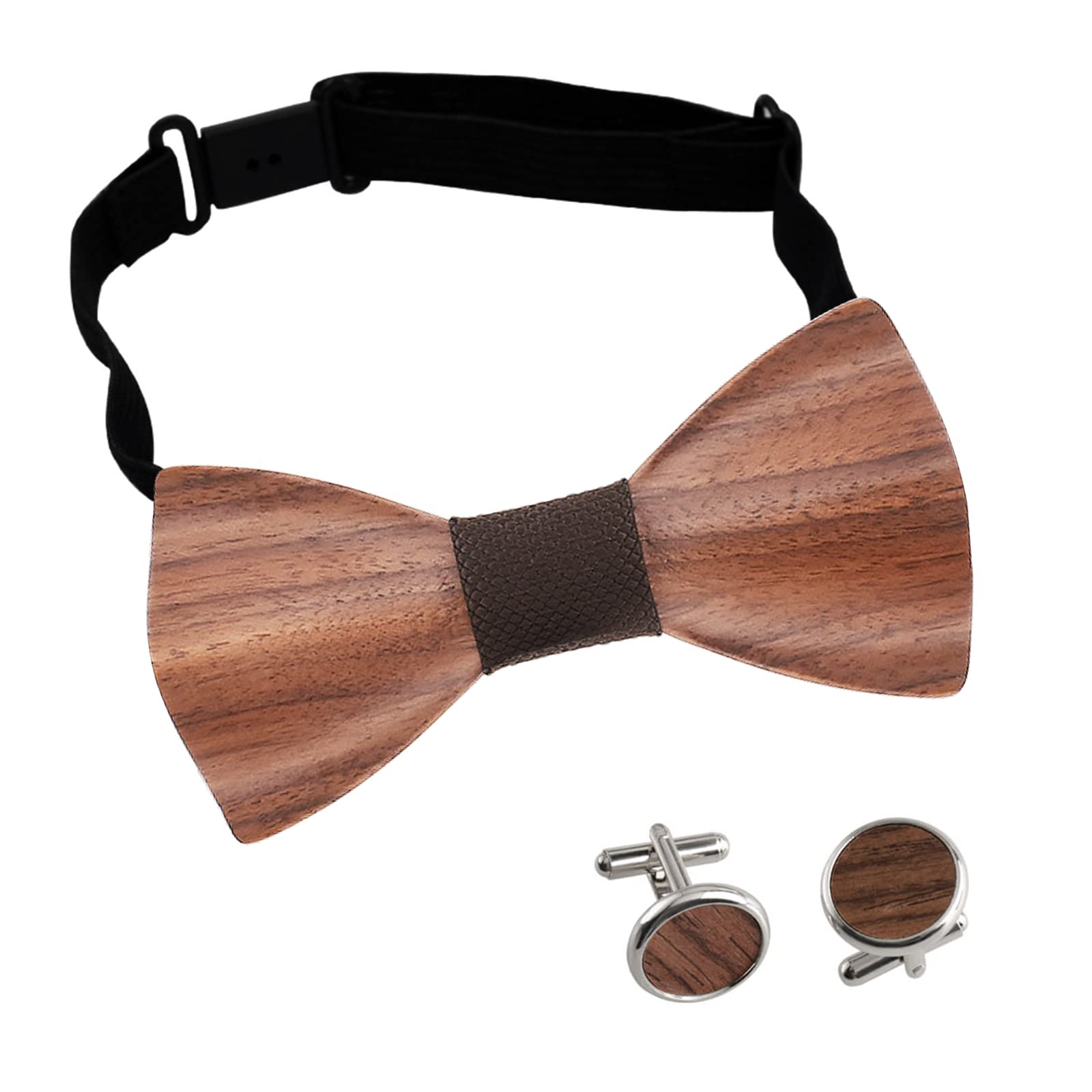 Mr.Van Noeud Papillon Bois pour Homme,Tour Bande Réglable, Style Classique Fait Main,Coffret en Bois (comprenant Boutons de Manchette,Mouchoir et noeud papillon) pour Mariage Soirée Business