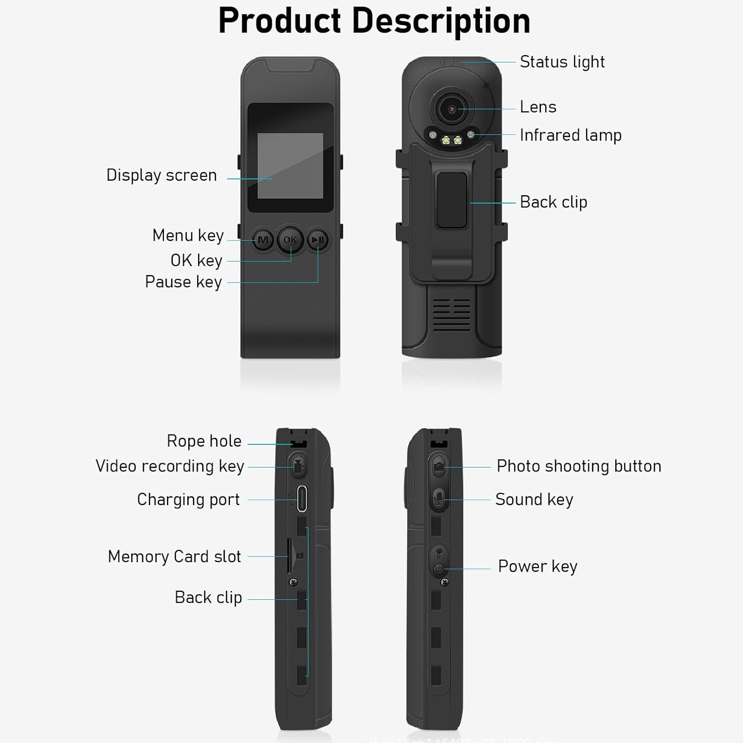 Diagram showing the different parts of the Cuifati Mini Body Camera, including status light, lens, infrared lamp, back clip, display screen, menu key, OK key, pause key, rope hole, video recording key, charging port, memory card slot, photo shooting button, sound key, and power key.