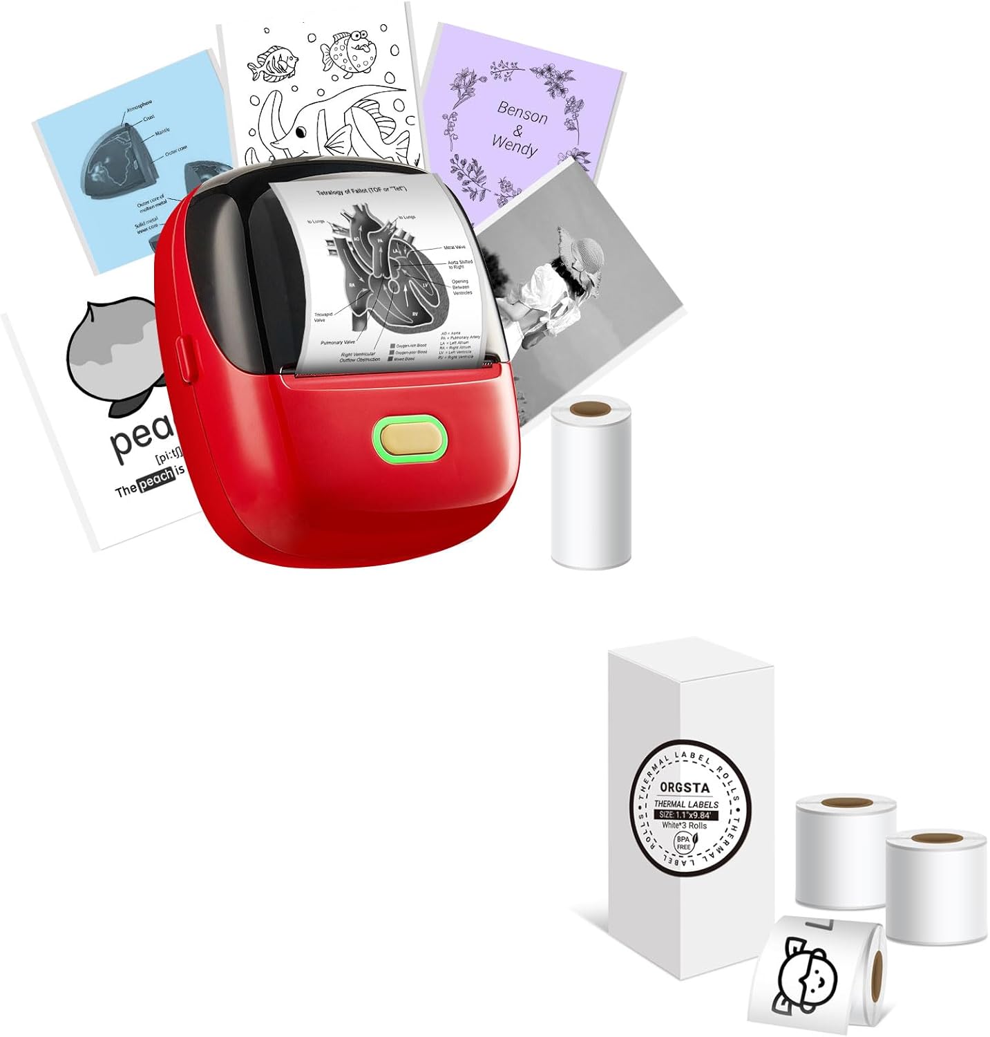 ORGSTA S002 Mini Printer- Bluetooth Thermal Sticker Printer with 3 Rolls White Self-Adhesive Thermal Paper, Sticker Maker with 28mm x 3m Thermal Stickers for Study Notes, Plan Journal, Photo