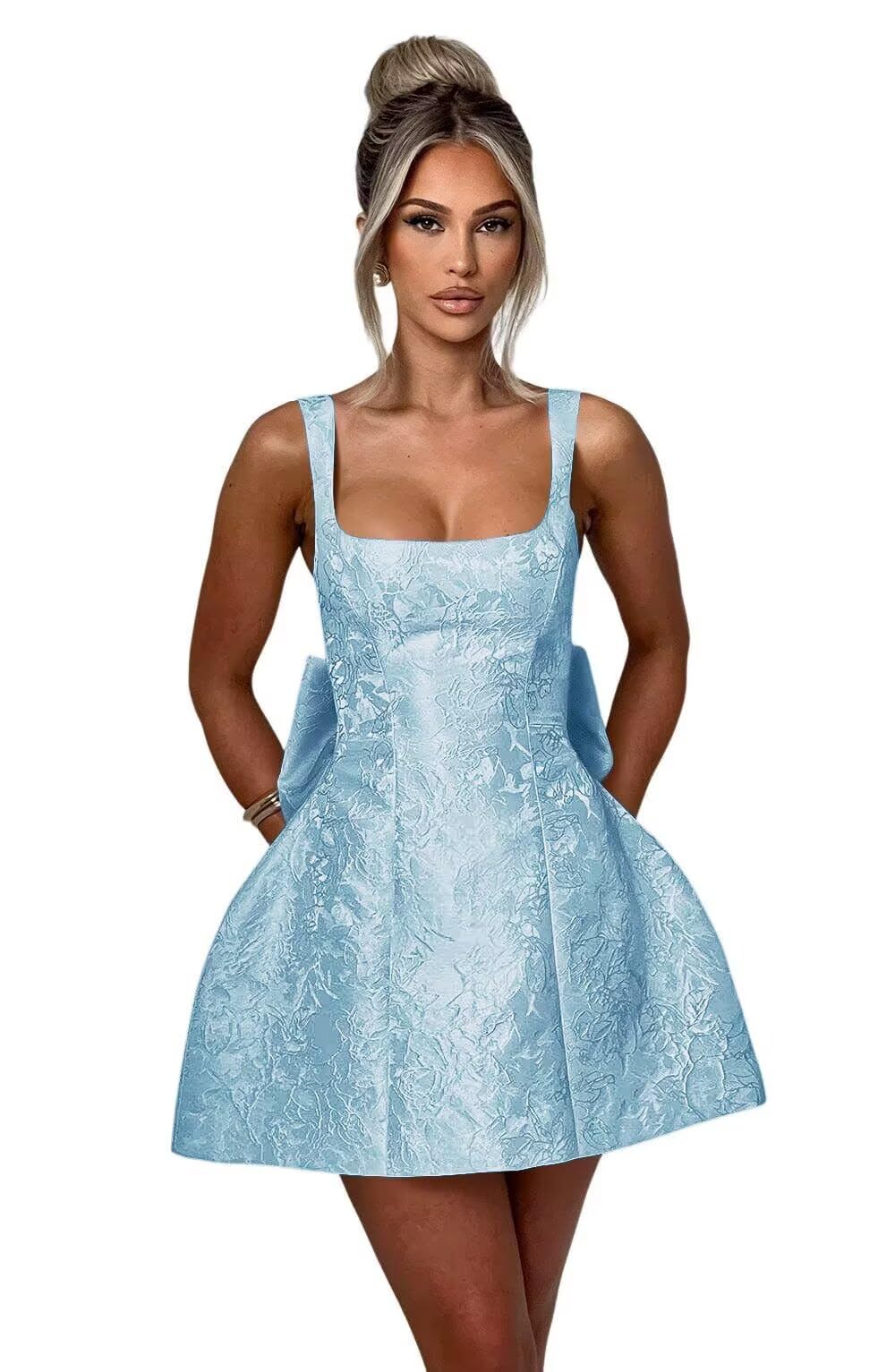 DVBTRGN Jacquard Satin Homecoming Dresses for Teens Short Prom Dress with Bow A Line Graduation Party Gowns