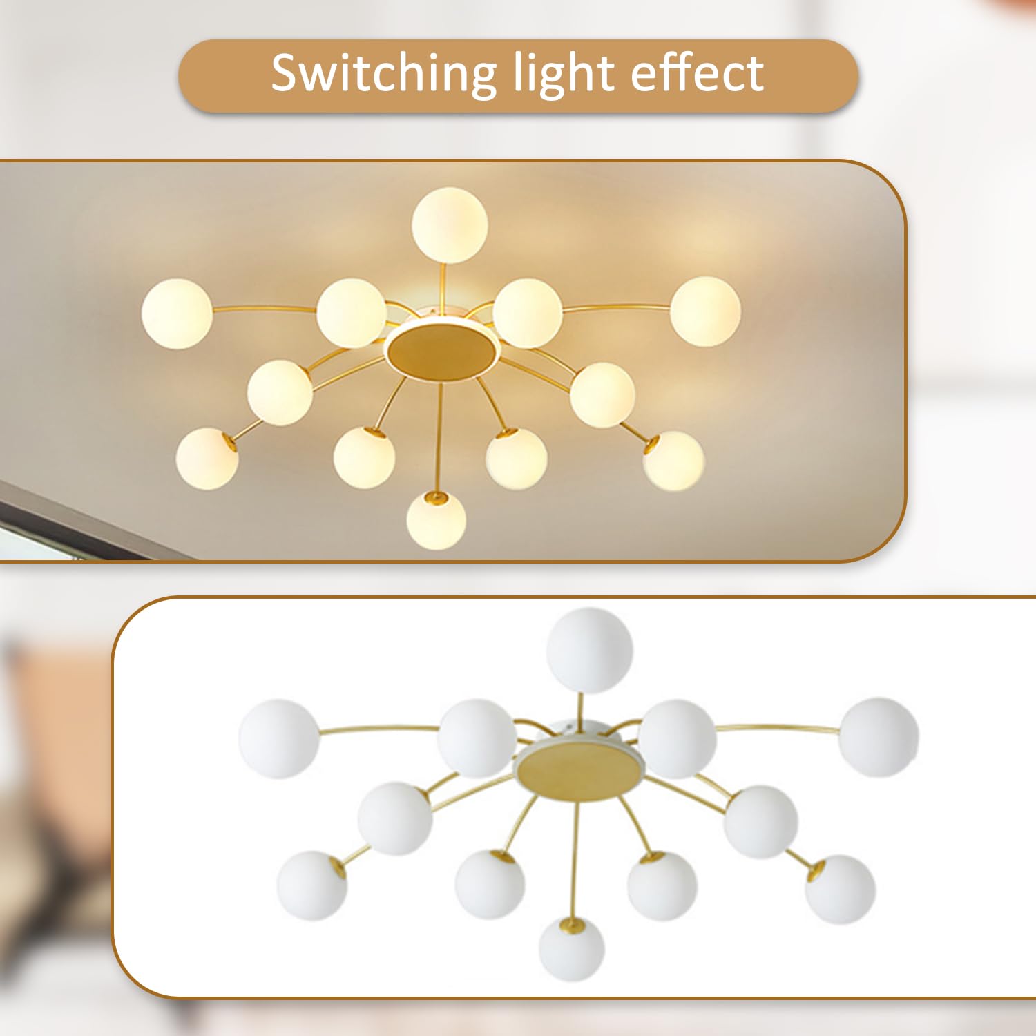 zhxinashu Lampadario oro per Soggiorno,Lampadario Sputnik a 12 Luci | Lampadario Sputnik Mid-Century, Lampadine G9 Non Incluse, Globo in Vetro, Plafoniera Industriale per Camera da Letto