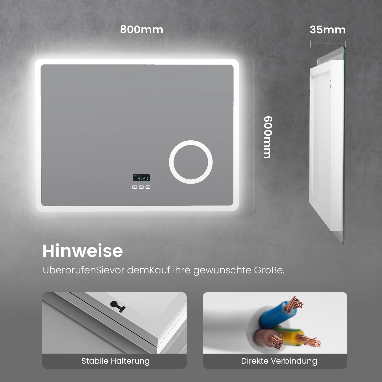 Heilmetz Bluetooth Badspiegel mit Beleuchtung 80x60cm, LED Badezimmerspiegel mit Licht, Uhr, 3 Lichtfarben Dimmbar, Antibeschlag, 3X Vergrößerung, Wandspiegel mit Beleuchtung, Energiesparend