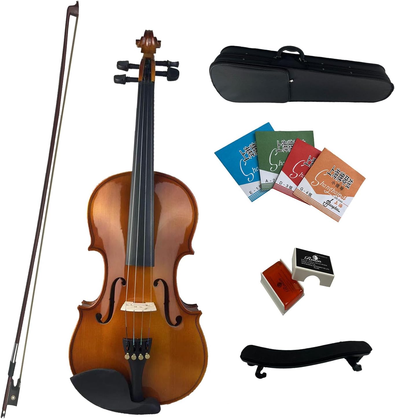 4/4 Full Size Violin for Beginners, Adults & Students - Solid Wood Acoustic Violin Outfit Set with Hard Case, Bow, Rosin, Shoulder Rest (model: A)