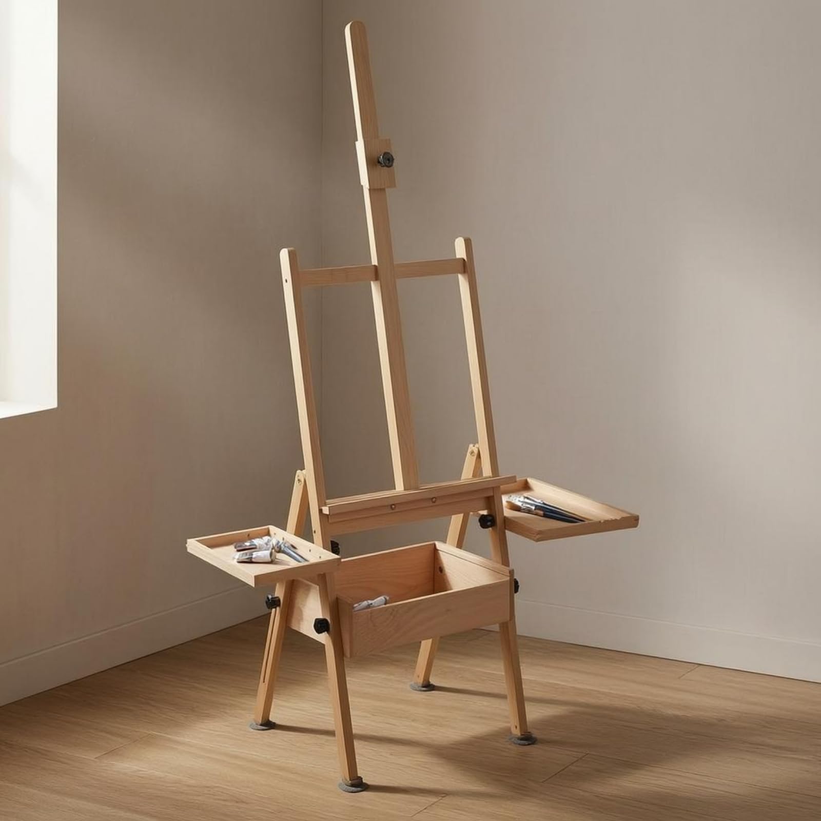 kowaku Caballete de Arte Ajustable Caballete Atril Soporte Trípode Regulable de 115 Cm y Bandeja con Cajas Laterales en Madera, Caballete De Madera Con Bandeja, Color Madera Original