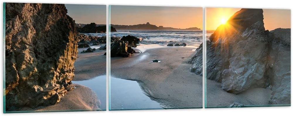ARTTOR Glass Wall Art Picture 3 Piece Landscape Beach Cornwall Coast England 150x50cm Art Glass Prints Art prints Artwork Modern Glass Pictures for Home Decorations Living Room Bedroom GCA150x50-3174