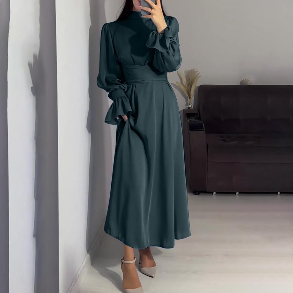 Mesh Lantern Long Sleeve Dress グレー Women's Dress Long Sleeve Contrast Mesh Lantern Sleeve Slit