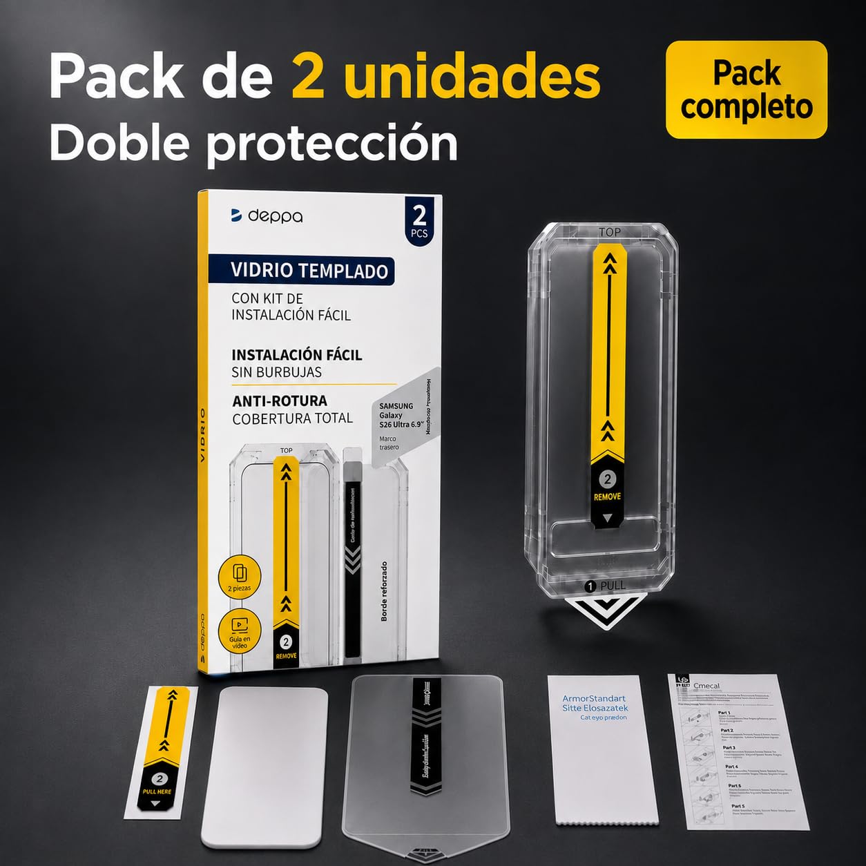 Deppa [2 Piezas Protector de Pantalla para Samsung S25 Ultra (6.9”) de Vidrio Templado 9H, Antihuellas, Resistente a Arañazos, con Kit de Fácil Instalación y Cobertura Completa