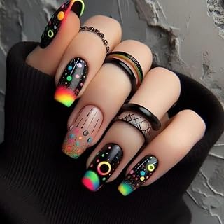 Press on Nails Medium Ballet Shaped Black False Nails Rainbow Gradient Press Nails Colorful Circle Pattern Design Artificial Nails Full Cover Stick on Nails Acrylic Glue on Nails for Women 24Pcs