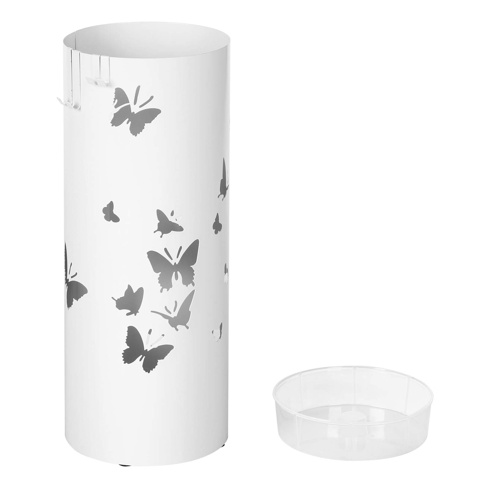 SONGMICS Porta Ombrelli in Metallo, Portaombrelli Rotondo, con Gancini e Vaschetta Scolapioggia Rimovibile, Ø19,5 x 49 cm, Bianco LUC10W