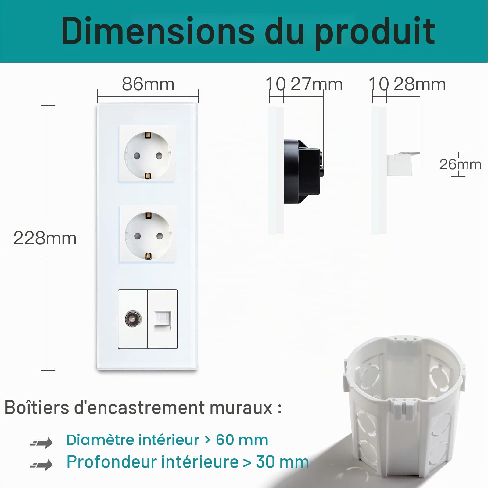 BSEED Double prise avec connecteurs d'accessoires pour TV et PC CAT5e standard de l'UE, vitre en verre CE, 16 A / 100-220 V CA (blanc)