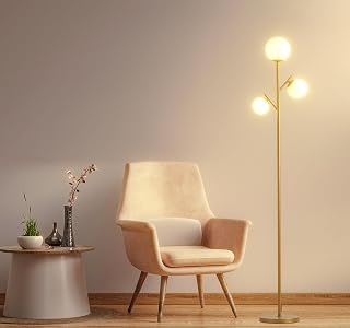 3 Globe Gold Mid Century Floor Lamp, Modern Floor Lamp with Frosted Glass Shade & 3pcs Warm White LED Bulbs, Contemporary Tall Standing Lamp for Living Room, Bedroom - Antique Brass