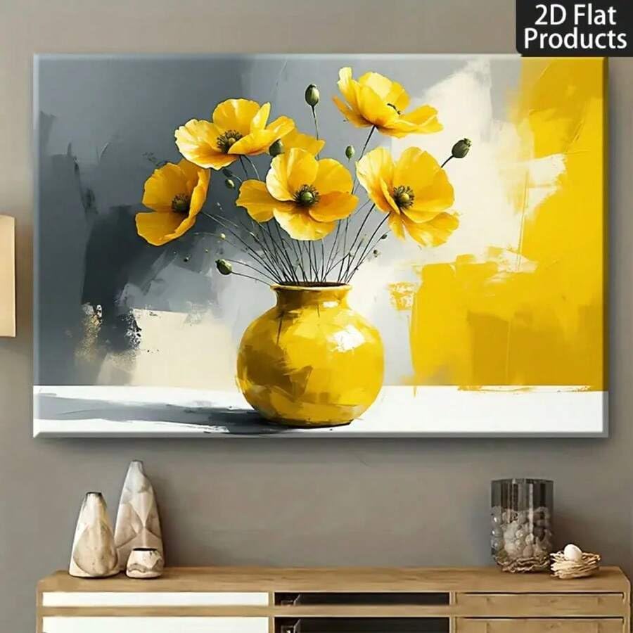 Décoration murale de salon moderne avec tableau fleurs jaune vif et cadre 60x90