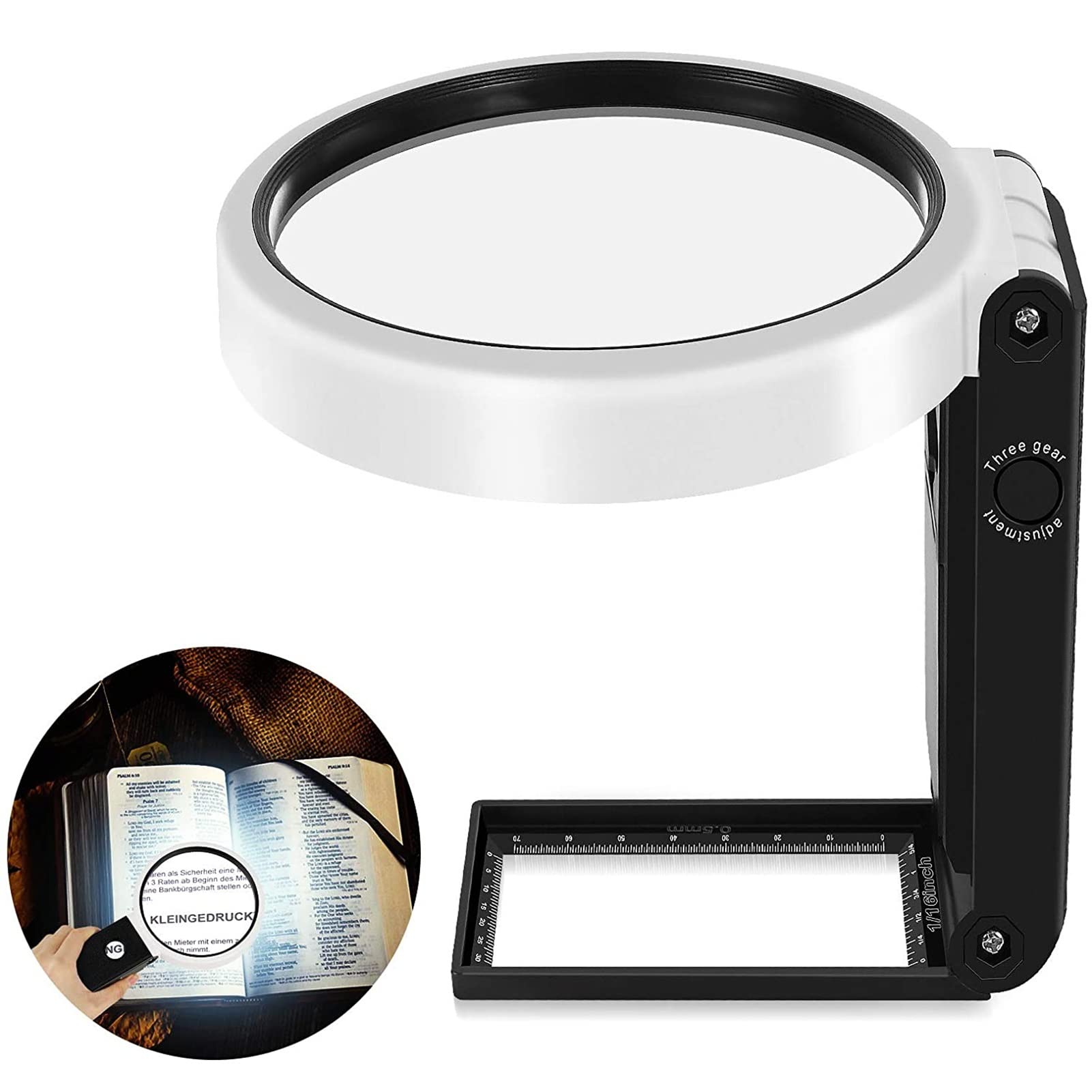LiRuiPengBJ Magnifying Glasses with Light and Stand, 3.5X 25 X Hands Free USB Charging Dyslexia Aids for Books, Newspapers, Magazines, Maps, Low Vision People, Built-in Ruler