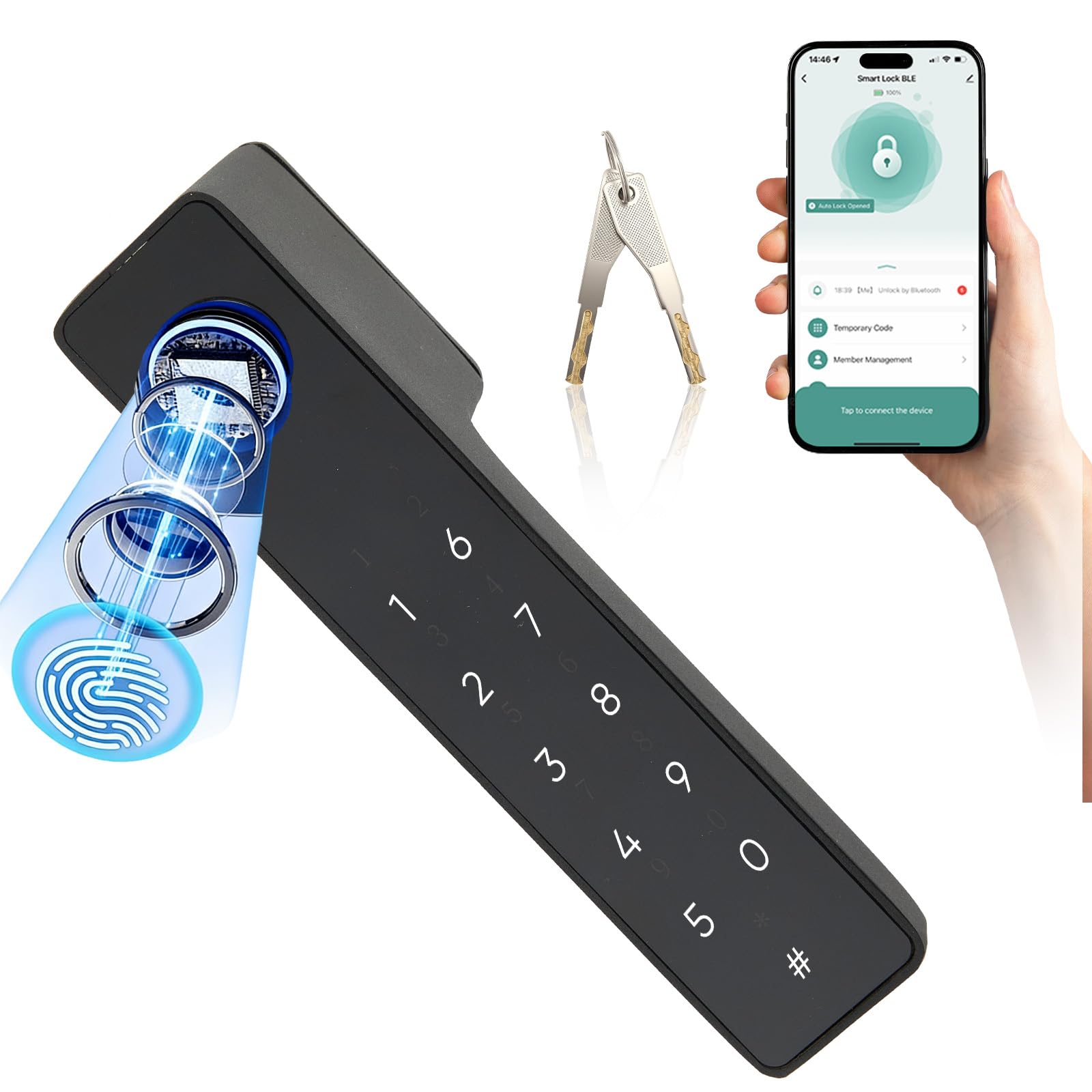 Fingerabdruck Türschloss mit App Steuerung – Smart Lock für Holztüren, 5 Wege zum Öffnen, Code/Bluetooth/Schlüssel, Magnet Schloss für Innenraum, 200 Tage Batterie, Gästezugang (Ohne IC-Karte)