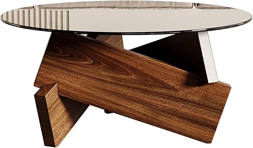 Miniatura 6 de Honyee Mesa de centro redonda moderna, 30.7 "x 30.7" x 16.1" tapa de vidrio templado para sala de estar, color nogal