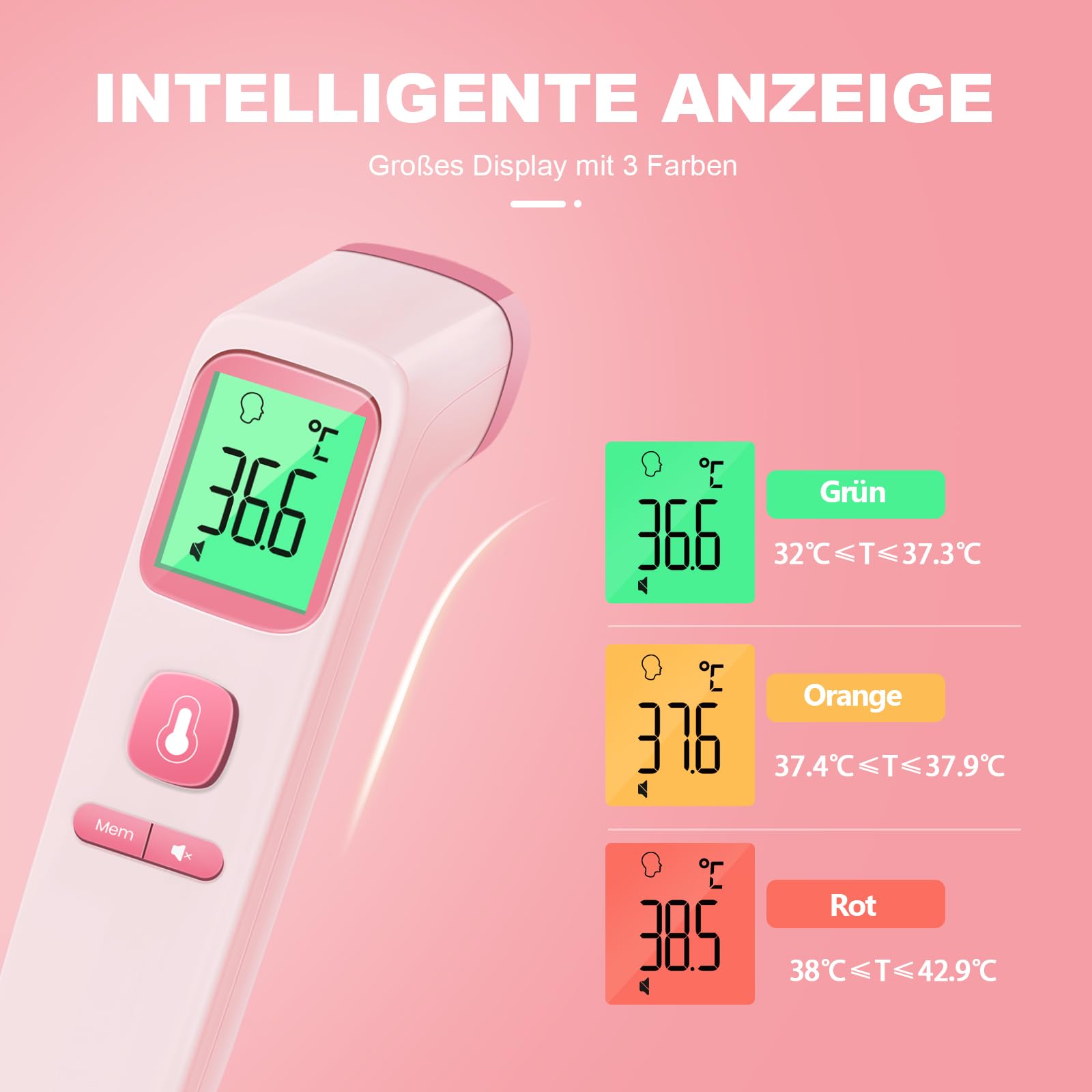 Viproud Termometro digital para fiebre para bebés, niños y adultos, Termometro bebe infrarrojo sin contacto para la Termómetro frente,con mediciones precisas instantáneas,alarma de fiebre (Rosy)