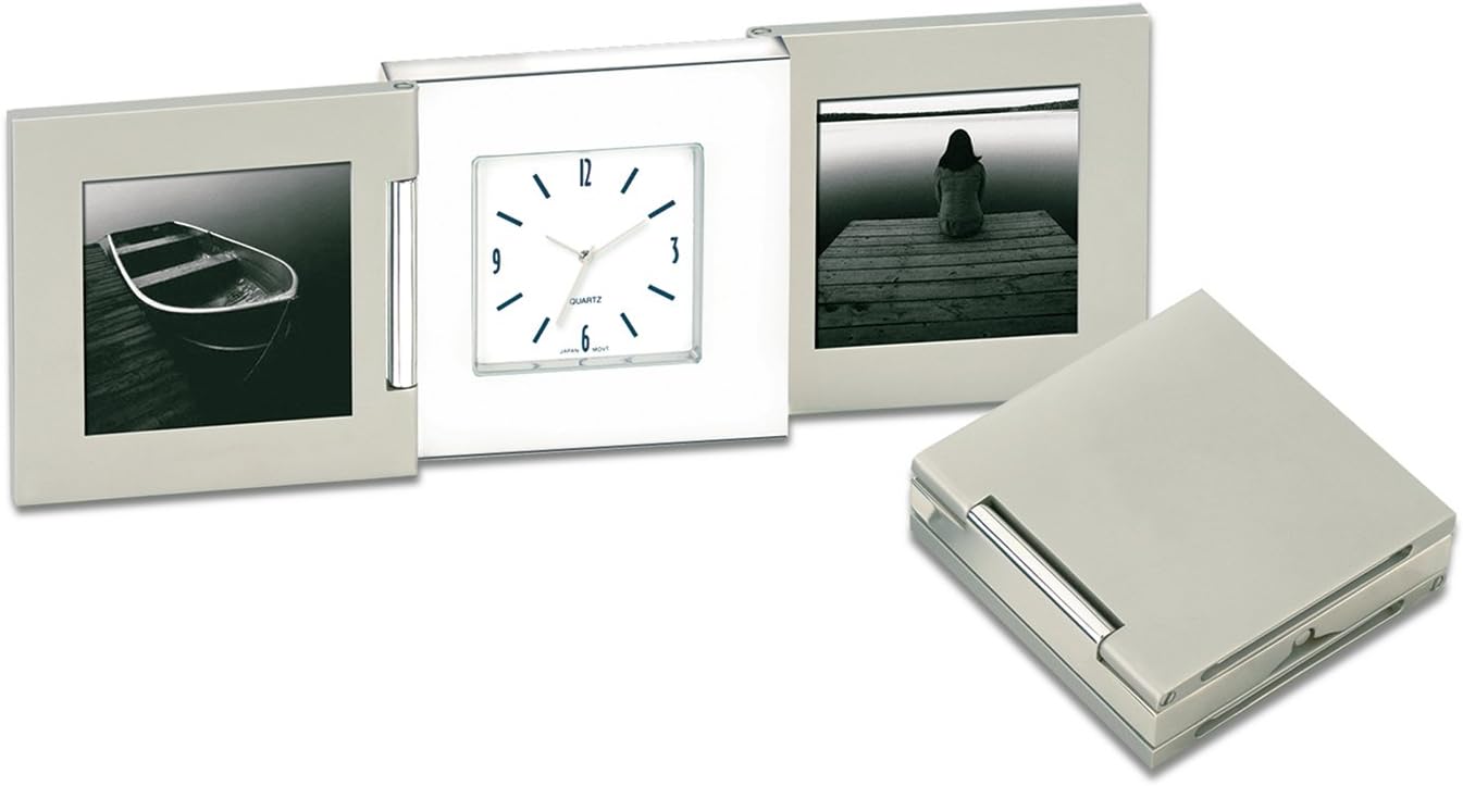 Fold-up Travel Desk Clock with 2 Photo Frames, for 1 3/4" w x 2" h Photos, Silver