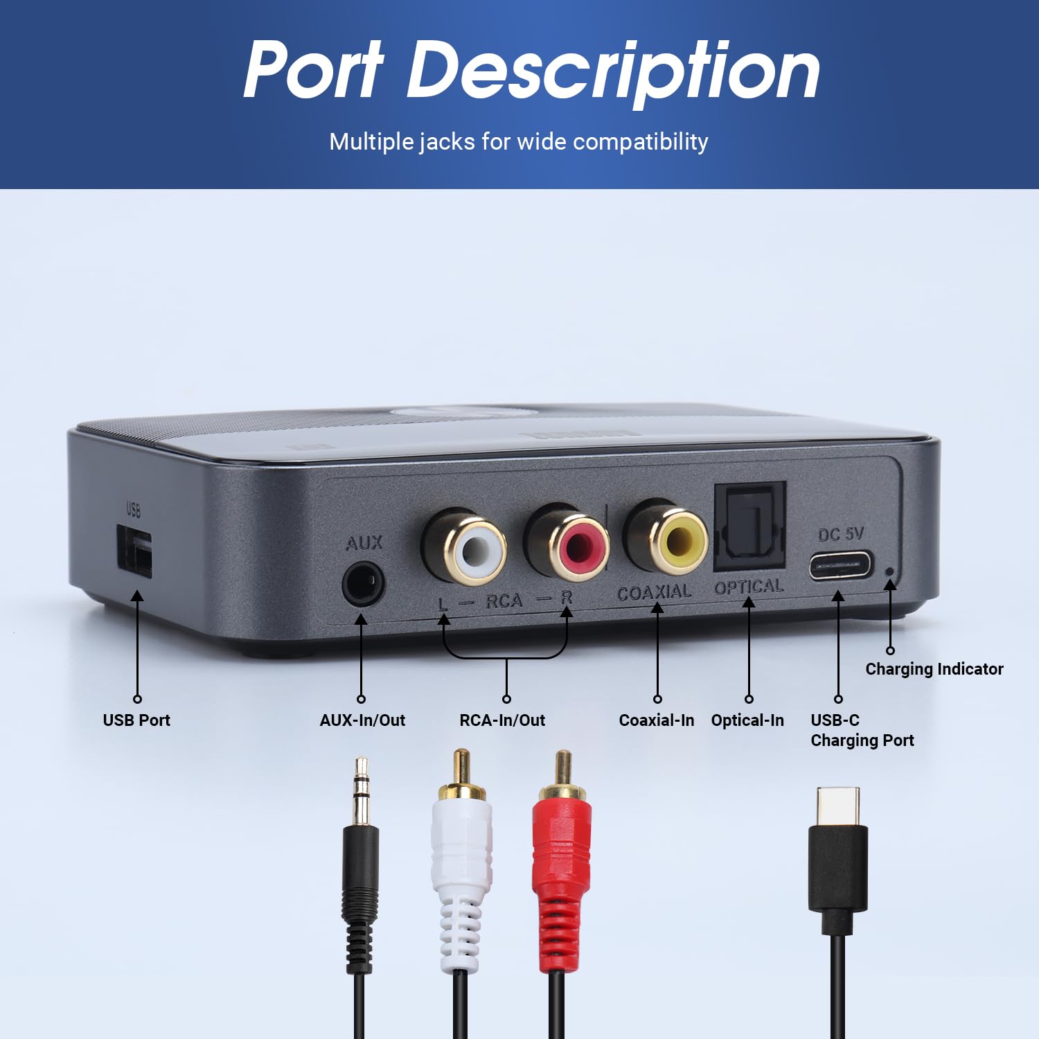 August MR285 Nadajnik i odbiornik Bluetooth ze złączami AUX, RCA, optycznym, koaksjalnym i USB - adapter audio Bluetooth NFC do telewizora, samochodu, słuchawek –wbudowana bateria, podwójne połączenie