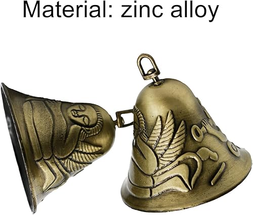 Miniatura 2 de Pinenjoy Campana de Feng Shui tallada con patrón de ángel, campana de bronce vintage de 2.6 x 2.48 pulgadas, campanilla de viento de templo para el