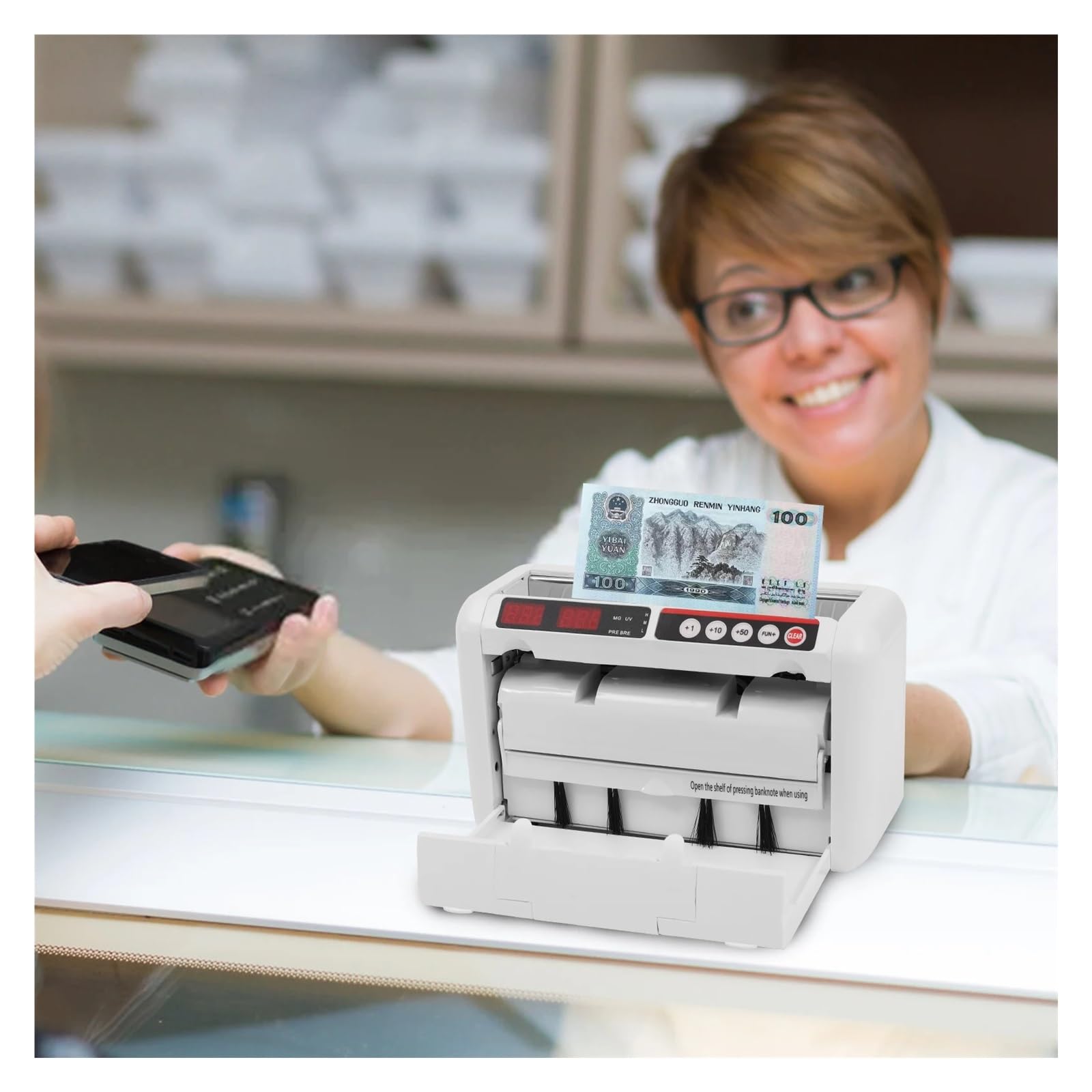 Contatore di denaro, Contasoldi bianco a batteria da 25 W, 800 banconote/min for banche e finanza