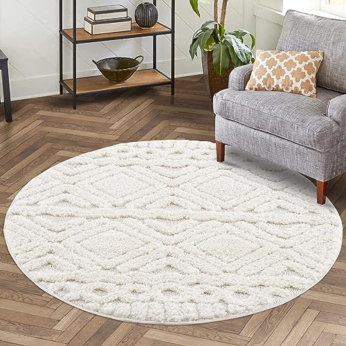 carpet city Teppich Hochflor Wohnzimmer - 160 cm Rund - Einfarbig Creme - Rauten Hochtief-Muster/...