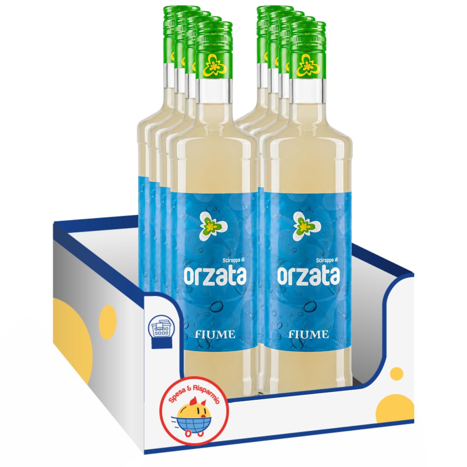 Fiume Sciroppo all'Orzata 1 L, Sciroppo Concentrato Analcolico per Bevande, Granite, Cocktail, Dessert e Gelati, Bottiglia in Vetro, Confezione Multipla da 4/8/12 Pezzi (8 PEZZI)