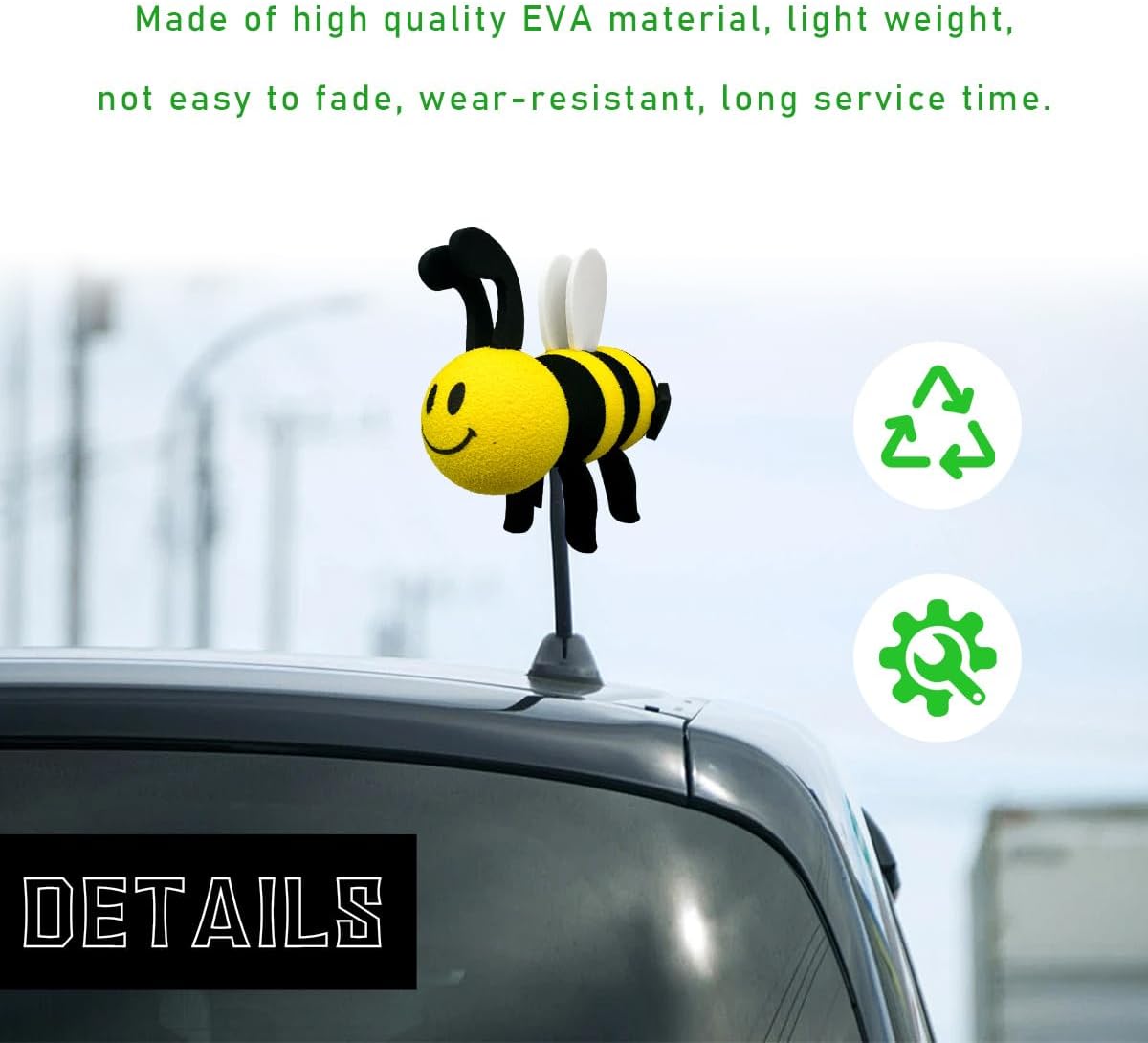 Bee Car Antenna Toppers, Automotive Roof Lovely Face Bumble Bee Antenna Balls Stickers Decor, EVA Funny Cute Honey Bee Antenna Hat for Vehicles, Universal Car Accessories (White)