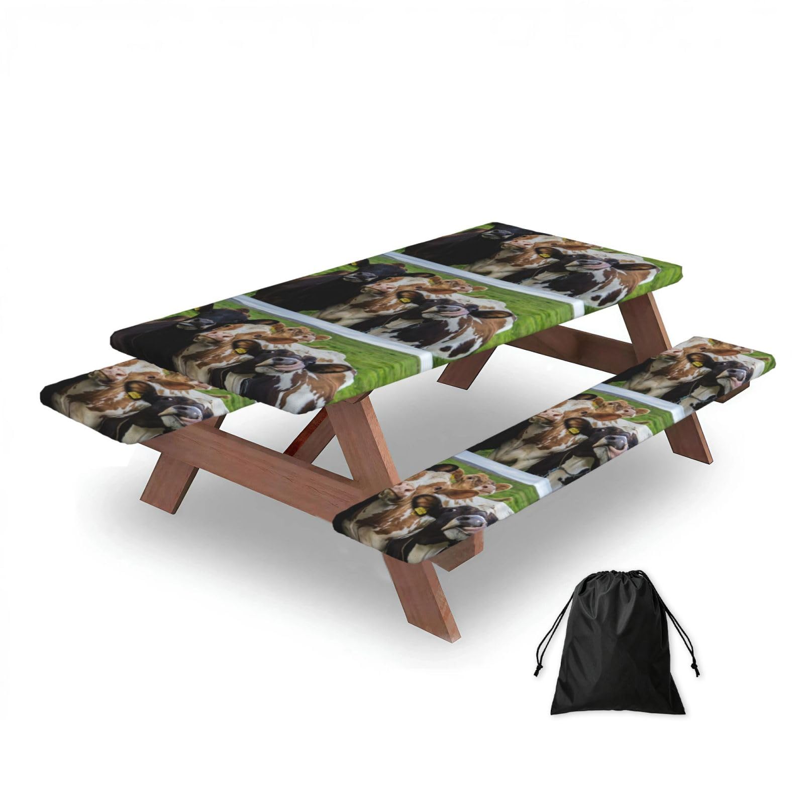 Dopklna As Picture Farm Animal Cow Cattle, Picnic Table Cover With Bench Covers -Waterproof Elastic Fitted Tablecloth For Garden Camping Patio 76X152cm