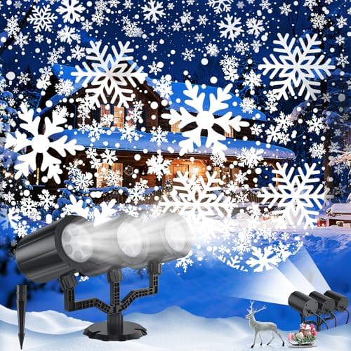 Christmas Projector Lights Outdoor, 2025 Upgraded Triple Head Snowflake Projector High Brightness, Led Dynamic Rotating Snowfall Projection IP65 Waterproof with 16.4ft Cord for Yard Houses Party Decor