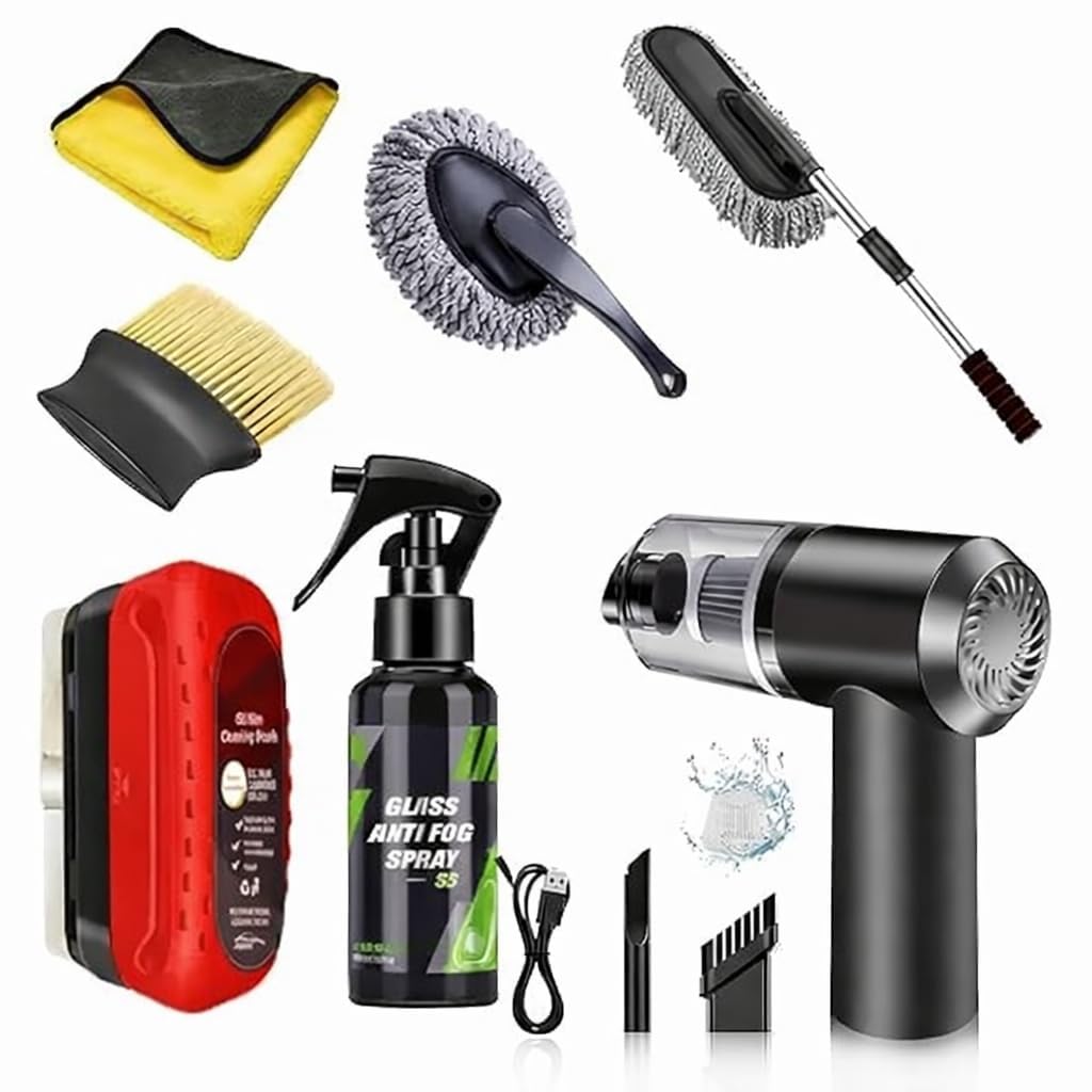 Azriel® 7 PCS Car Cleaning Kit with 3-in-1 Mini Vacuum Cleaner, Microfiber Cloth, Duster, Wheel Brush, Anti-Fog Spray & Glass Cleaning Tools (7 in 1 Car Combo)-image-4