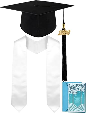 multiwins Graduation Cap, White Stole & Graduation Card Set - Adjustable Cap with 2026 Tassel for High School & Bachelor
