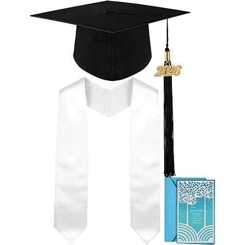 multiwins Graduation Cap, White Stole & Graduation Card Set - Adjustable Cap with 2026 Tassel for High School & Bachelor