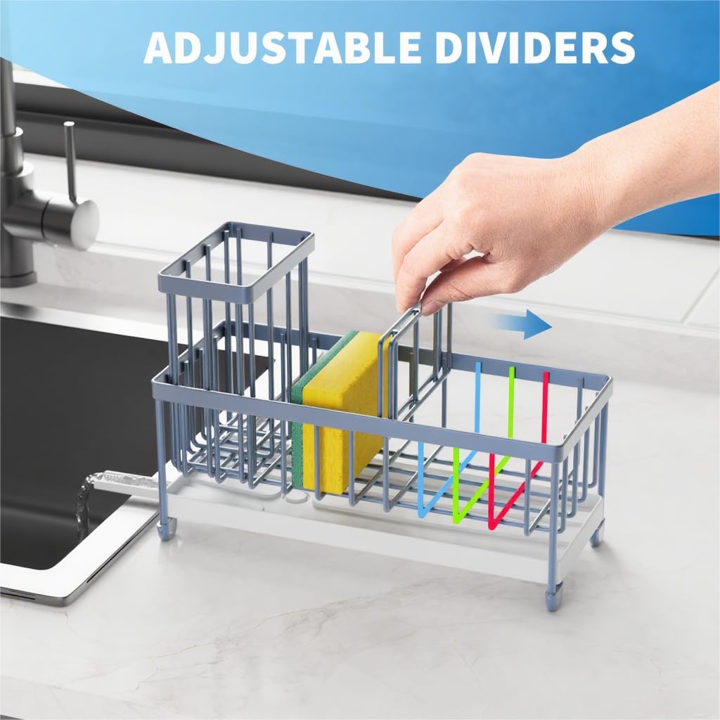 Cisily  Sponge Holder for Kitchen Sink, Sink Caddy Organizer with High Brush Holder, Kitchen Countertop Organizers and Storage Essentials, Rustproof 304 Stainless Steel, Soap Dispenser Organize: Slate Blue