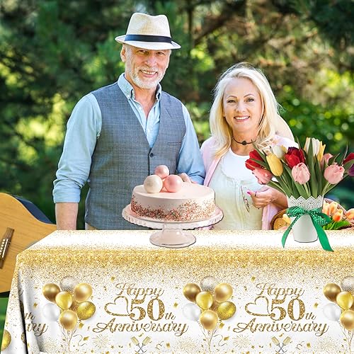 Image of Happy 50th Anniversary Table Cloth,50 Year Anniversary Decorations 3Pcs White and Gold Tablecloth Waterproof Rectangular Table Cover for 50 Year Old Birthday Party Supply