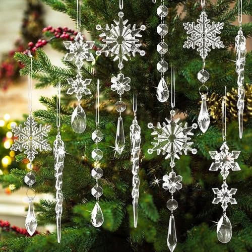 Aupawdy 15 Décorations de Sapin de Noël, Pendentifs Flocons de Neige et Picots de Glace en Acrylique, Ornements Cristallins pour Sapin de Noël, Idéales pour la Décoration d'hiver et Intérieure