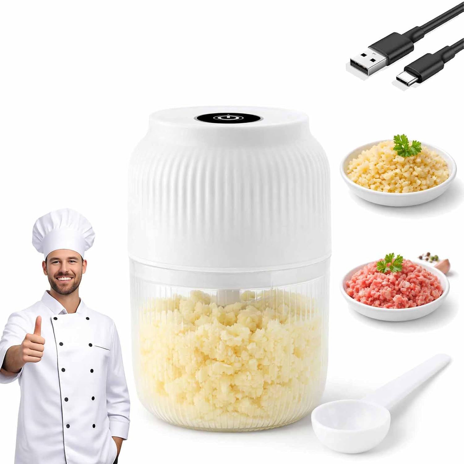 Electric Garlic Chopper, 2026 Upgrade Mini Portable Veggie Cutter, USB Charging Wireless Electric Food Chopper, One-Touch, 4 Sharp Stainless Steel Blades for Meat Fruits Vegetables (White)