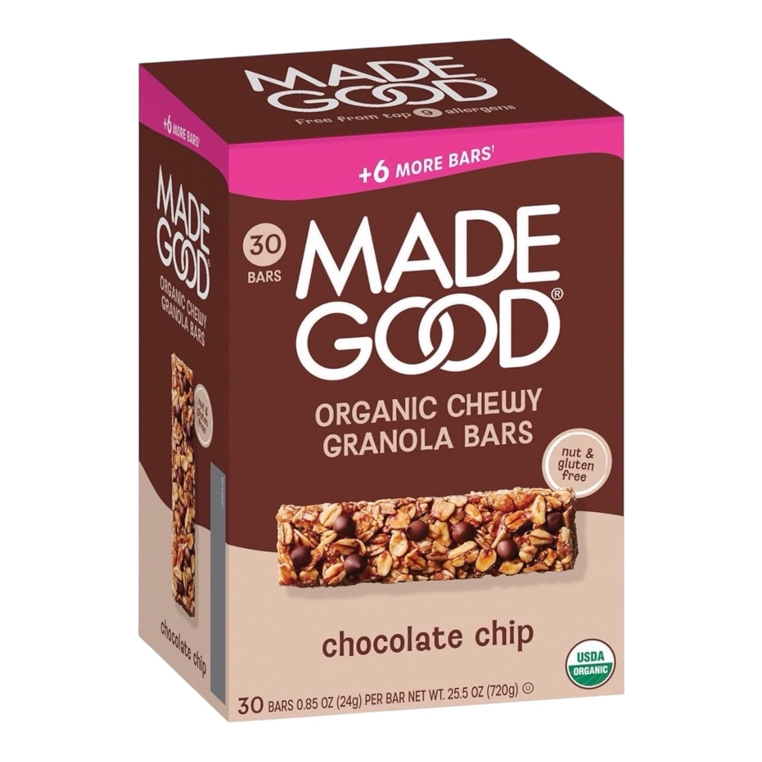 Chocolate Chip Granola Bars, 0.85 oz (30-Count Family Pack) – Nut-Free, Peanut-Free, Organic, Non-GMO, Gluten-Free, School-Safe Snack, Made with Whole Grains & Hidden Veggies.