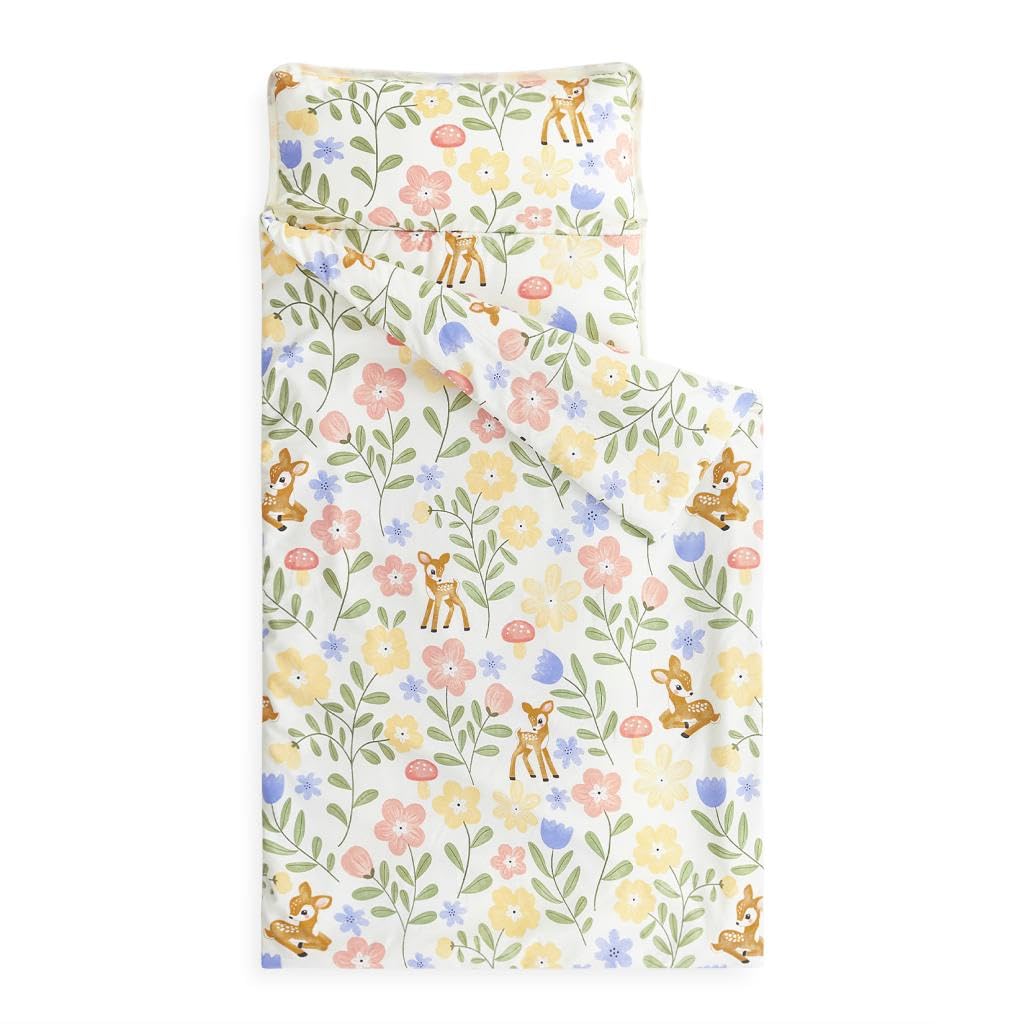 Wake In Cloud - Toddler Nap Mat with Pillow and Blanket, for Kids Girls Ages 3 Plus in Kindergarten Daycare Preschool, Roll Up Sleeping Bag, Floral