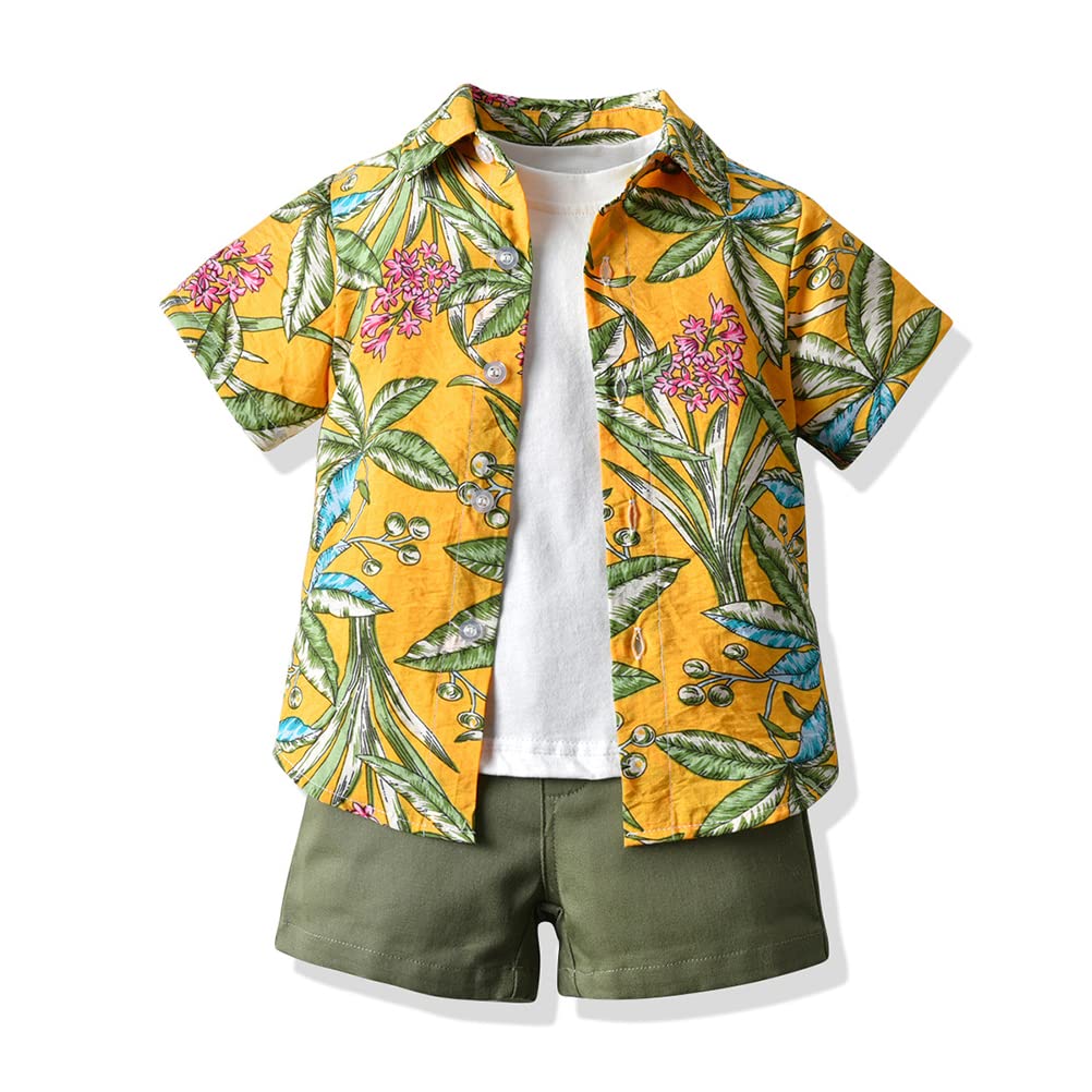 Odziezet 3 Piezas Bebés Verano Ropa Conjunto Hawaiano Floral Estampado Camiseta + Blanco Top + Bermudas Cortos Pantalones Niños Corta Manga Playa Camisa Traje Niños Casual Ropa Conjunto 1-6 Años