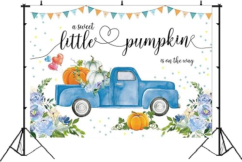 Miniatura 3 de 7 telón de fondo de calabaza para baby shower de 5 pies para niños, calabaza de otoño, camión azul, fotografía floral, fondo de calabaza, decoración
