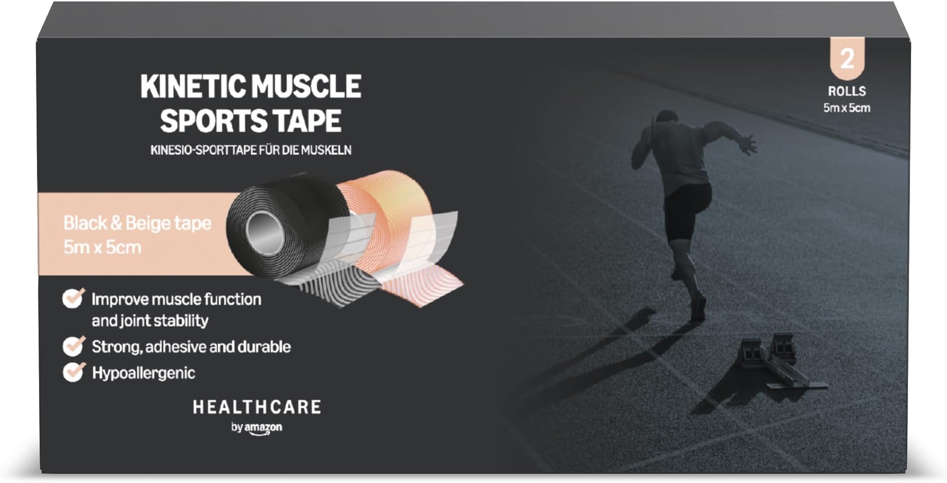 Healthcare by amazon Kinetic Muscle Sports Tape 5 m x 5 cm - 2 Tapes (1 Black/1 Beige)