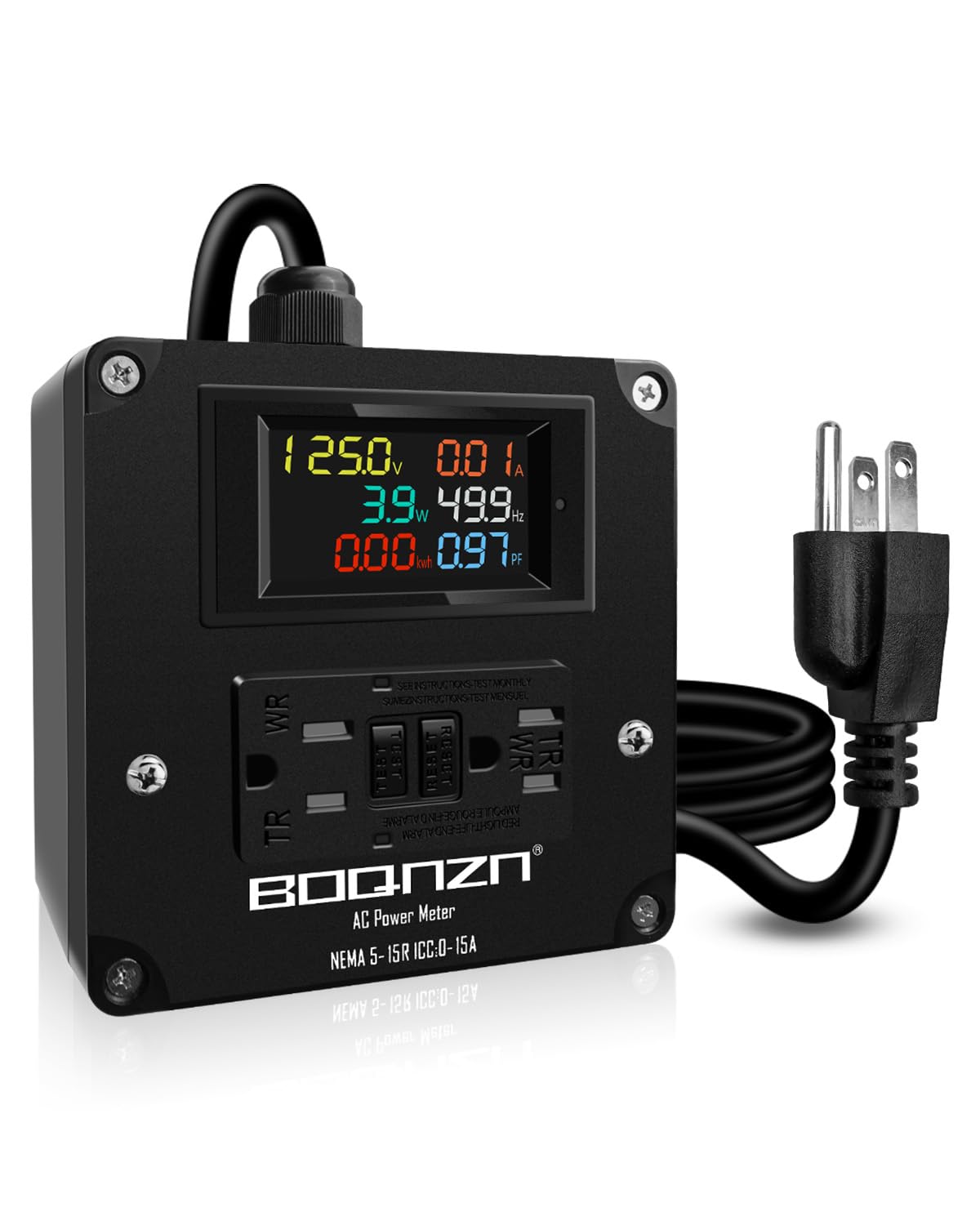 15A AC Power Meter, 125V LCD Display Digital Multimeter Tester, NEMA 5-15P to NEMA 5-15R Outlet Monitor with 6.56FT 14AWG Cable, Multifunction Energy