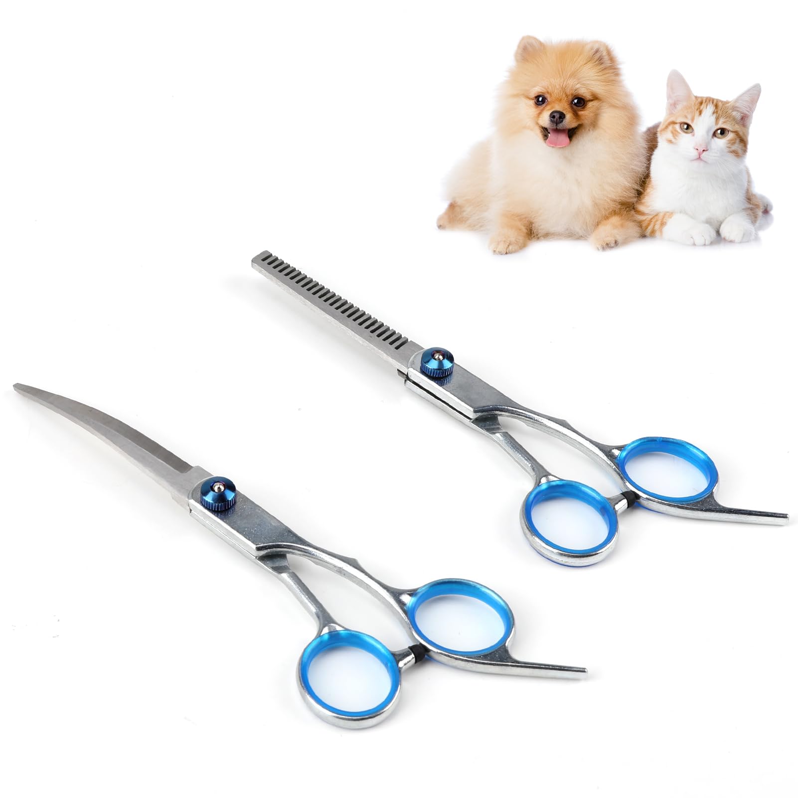 2 Piezas Tijeras para Perros Tijeras Entresacar Tijeras Curvas, Tijeras Peluqueria Canina Profesional de Acero Inoxidable, Tijeras para el Cuidado de Perros para Aseo Mascotas Bricolaje