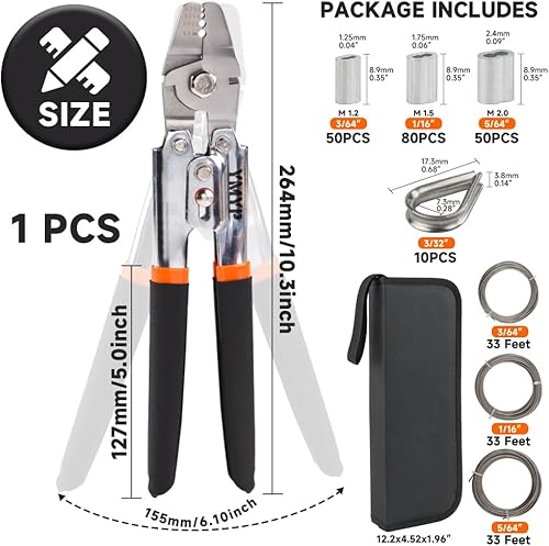Miniatura 3 de Kit de herramientas de prensado de cuerda de alambre de hasta 0.087 in, cuerda de alambre de acero inoxidable de 99 pies (3 tamaños), 180 fundas