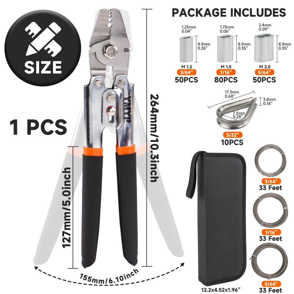 YMYP Up to 2.2mm Wire Rope Crimping Tool with 180 Pcs Sleeves 99FT Stainless Steel Wire Rope & 10 Pcs Stainless Steel Thimbles Kit - Image 3