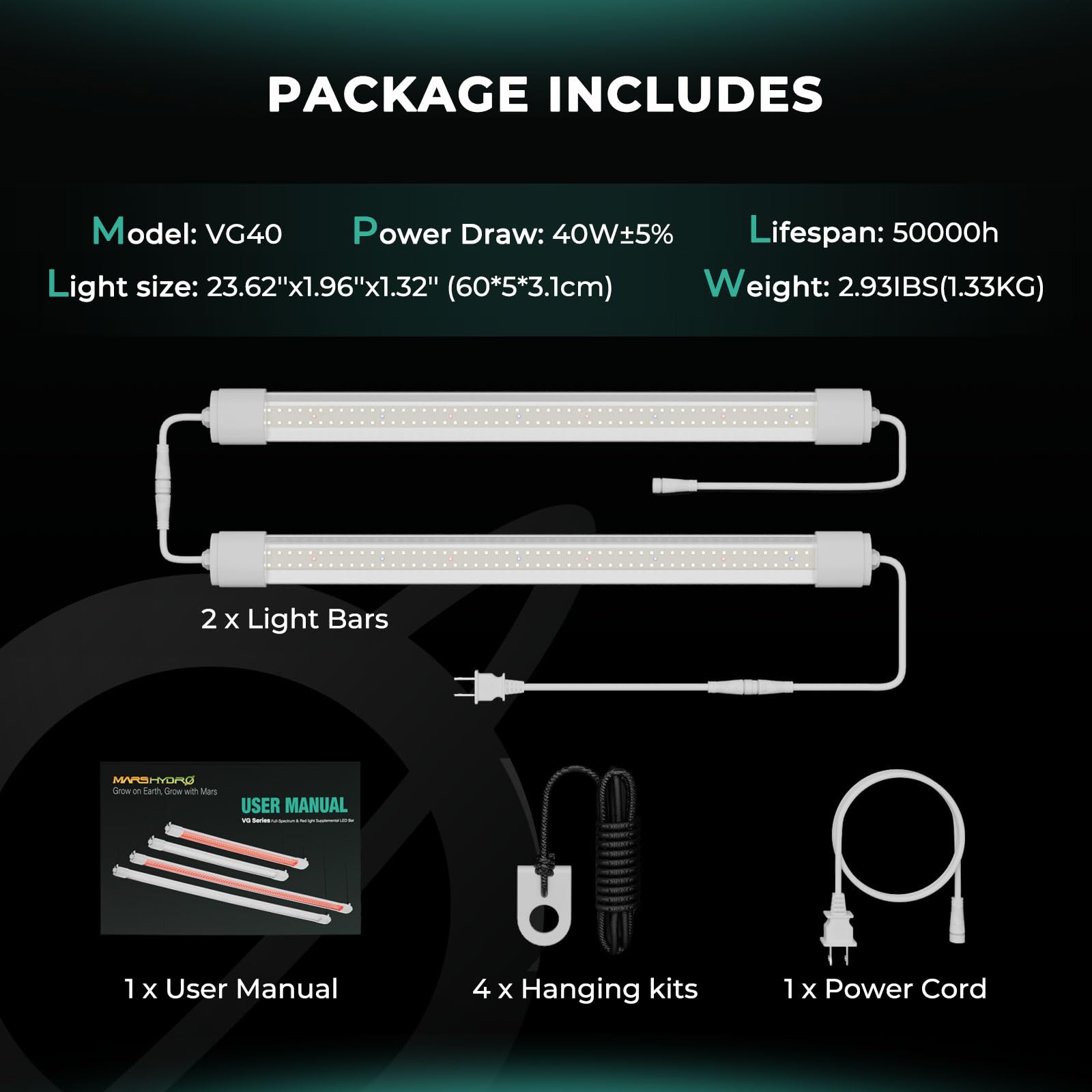 MARS HYDRO VG40 - Lámpara LED para plantas (60 cm, espectro completo, lavadero, refugios de cultivo, IP65, resistente al agua, para plantones, verduras y flores, 2 paquetes}