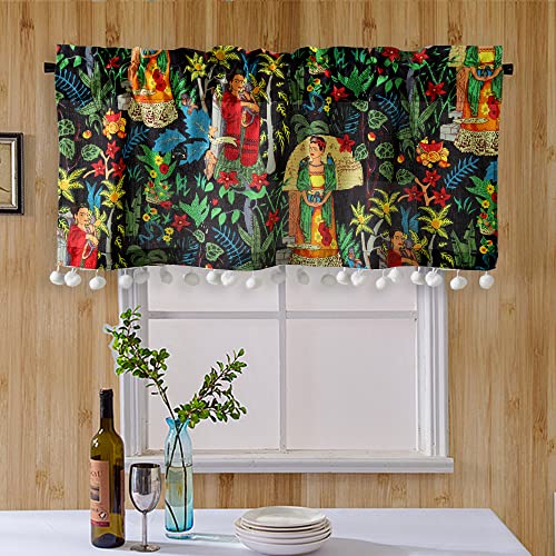 Image of Ravaiyaa - Attitude is everything Hand Printed Half Window Kitchen Curtain 100% Cotton Short Drapery Valance 40 X 18 Inch (Black Floralsemi Sheer, Rod Pocket)