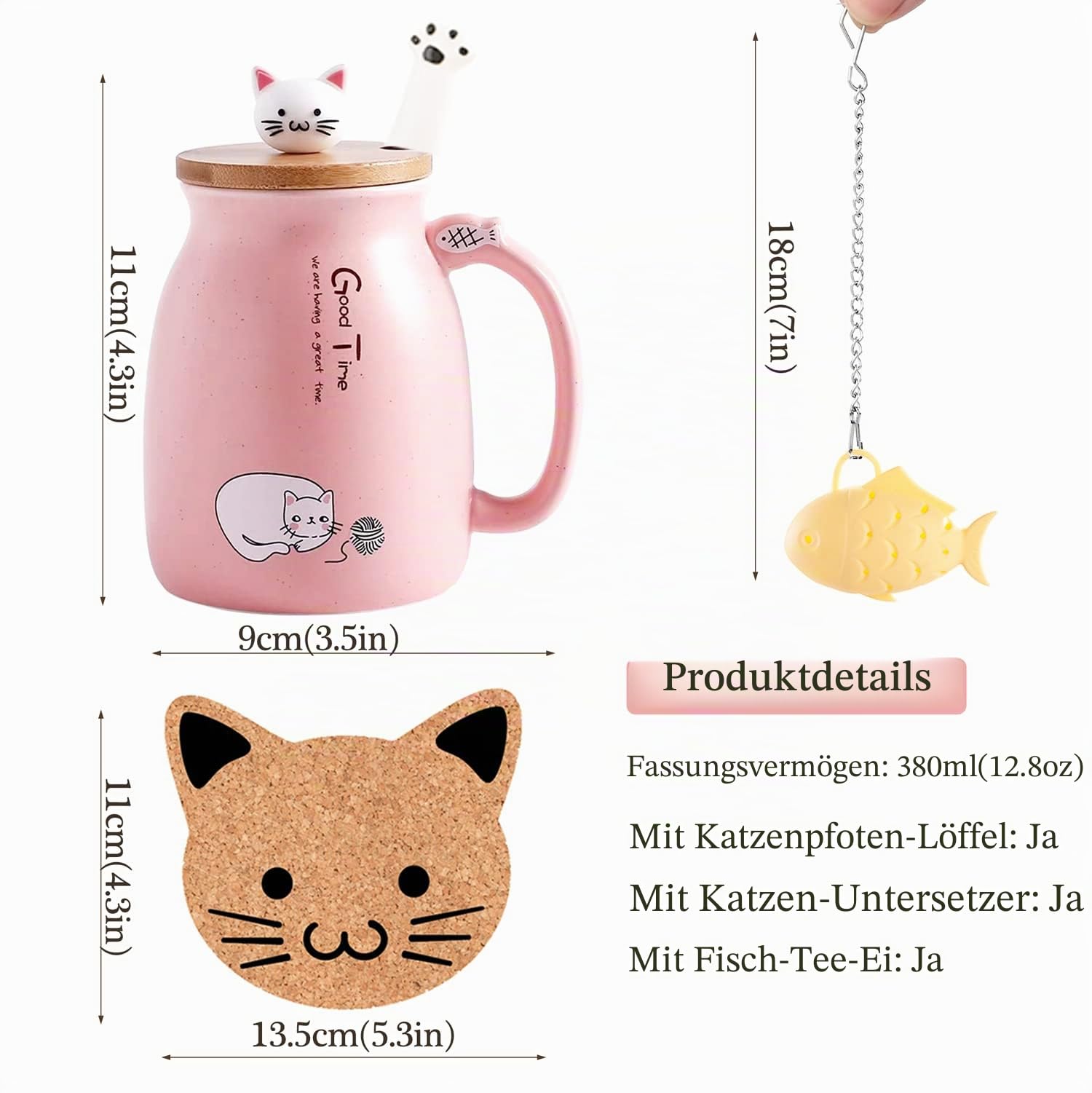 Katzen-Tasse Süße Keramik Kaffeetasse mit deckel,Edelstahl Löffel, Neuheit Morgen Cup Tee Milch Weihnachten Becher Geschenk Teetasse mit Deckel und Sieb Geschenke für Frauen380ML (Rosa)