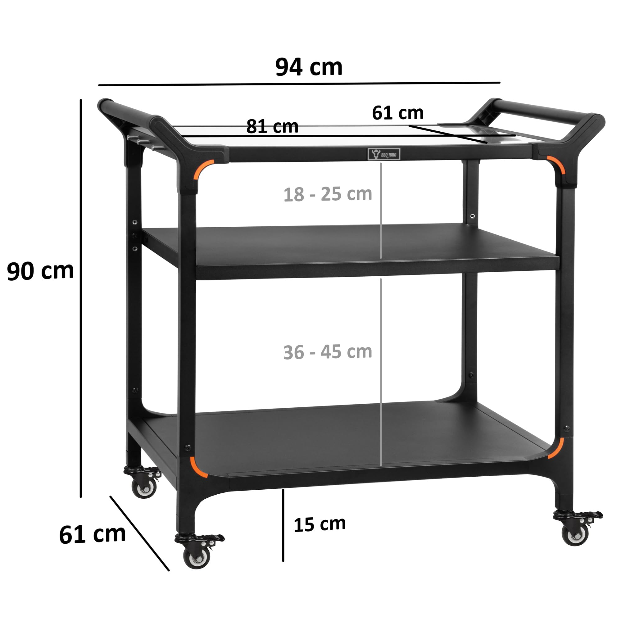 BBQ-Toro Carrito de barbacoa, color negro, mesa de barbacoa con gran superficie de trabajo, mesa auxiliar, parrilla exterior, carrito de barbacoa para exteriores, carrito de servir (3 estantes (94 x